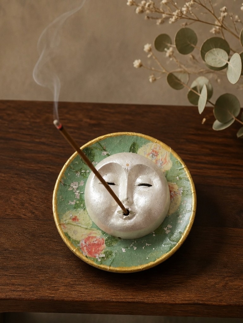 Decorative Ceramic Moon Face Incense Holder in Green and Gold coaster